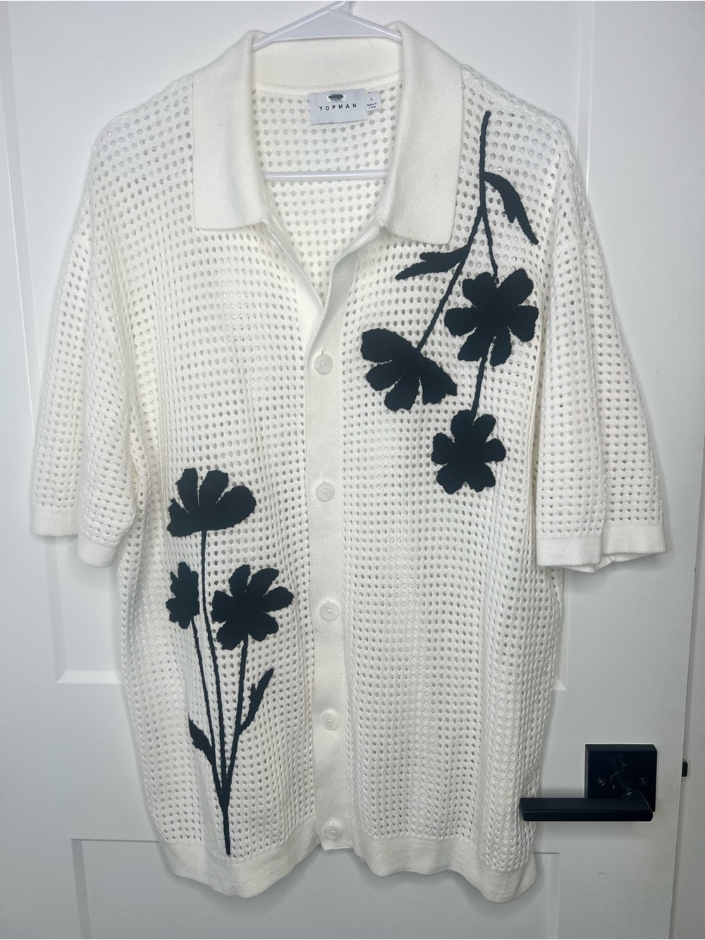 Topman Cream Open-Knit Short Sleeve Button-Up